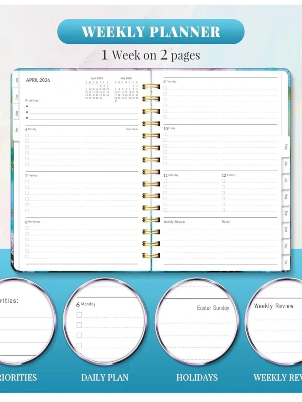 2026 Marble Effect Spiral Planner - Teal & Gold